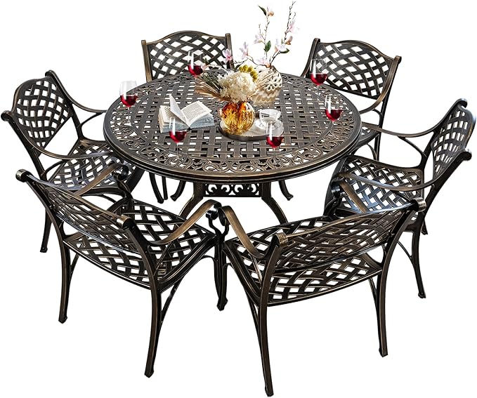 Patio Dinning Set Weather Resistant Cast Aluminum Patio Furniture Set with Umbrella Hole, Bistro Dining Set for Garden (48" x 48" Table B and 6 Chairs Bronze, 7 Pieces)