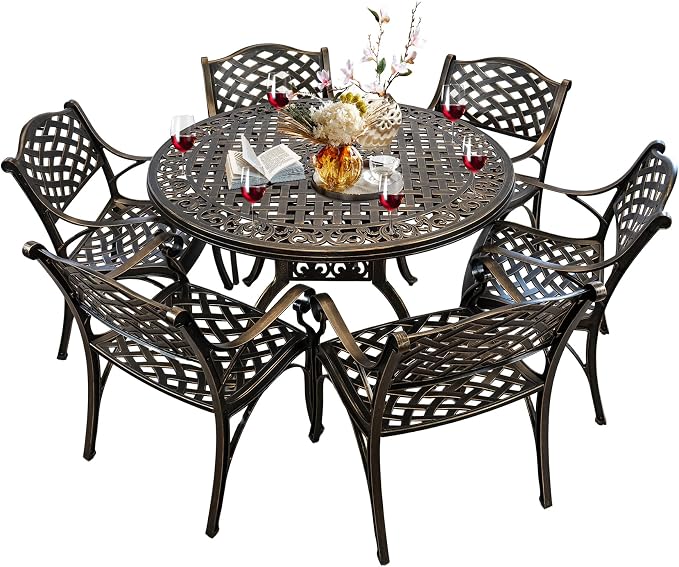 7 Piece Outdoor Dining Set for 6,Cast Aluminum Table and Chairs Set,All-Weather Round 48" Dining Table with 2.36" Umbrella Hole,Patio Furniture Set for Balcony Garden,Bronze