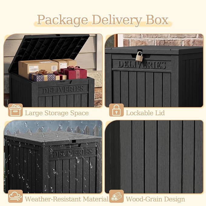 Outdoor Storage Box, 70 Gallon Package Delivery Boxes for Outside, with Lockable Secure, Deck Box Outdoor Waterproof for Entryway, Front Porch, Backyard, Garden, Patio, Lawn, Black