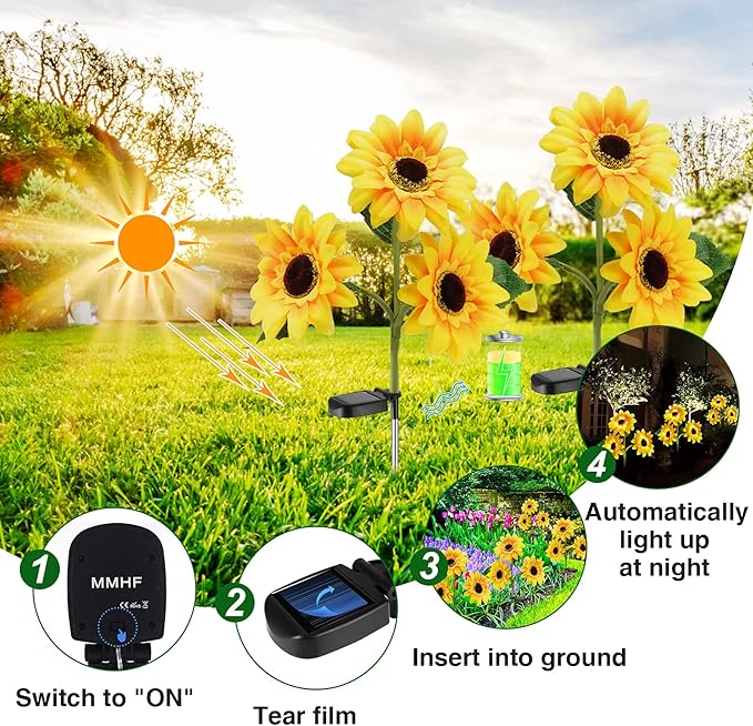 Outdoor Solar Garden Stake Lights,Upgraded LED Solar Powered Light with 3 Sunflower, Waterproof Solar Decorative Lights for Garden, Patio, Backyard (2 Pack 6 Flower)