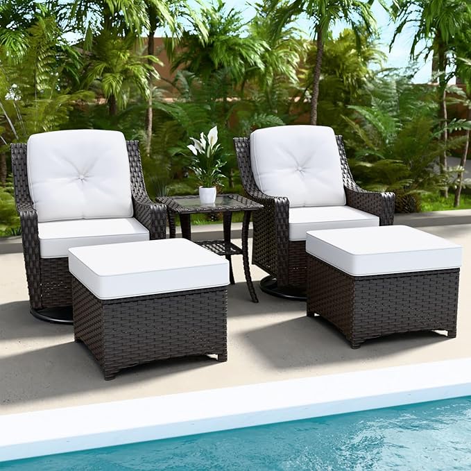 Stone Creek Outdoor Furniture Set with Swivel Rocking Chairs, Side Table & Ottomans, Wicker Patio Conversation Set, Balcony Furniture, 5 Piece, Brown/Beige