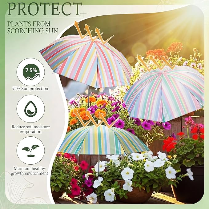 Hillban 6 Pack Plant Shade Umbrellas for Outdoor Plants 23.6" Large Garden Umbrella Shade for Potted Flower with Adjustable 40" H Sunshade Cover for Patio Garden Bed Flowers(Striped Pattern)