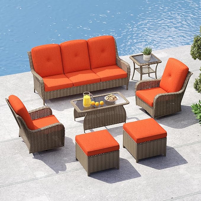 kinbor Outdoor Sectional Furniture - Outdoor Patio Conversation Sets, 7 Pieces Outdoor Sectional Sofas with Swivel Rocking Chair, Brown Wicker Rattan Patio Furniture Set, Orange