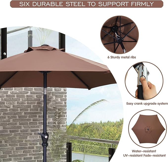 GDY 7.5FT Patio Umbrella Outdoor Table Umbrella,Market Umbrella with Push Button Tilt and Crank for Garden, Lawn, Deck, Backyard & Pool (Coffee)