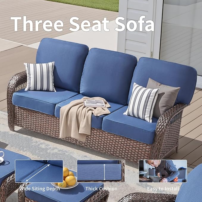 Patio Furniture Set, All Weather 3 PCS Wicker Outdoor Small Sectional Set, 5" Thick Rattan Conversation Set with 3-seat Sofa and Ottoman for Lawn, Garden, Blue/Brown Wicker