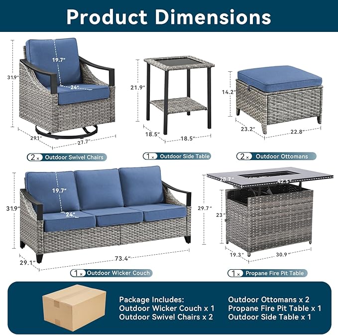 Patio Furniture Set with 42.5" Fire Pit Table-7 Pieces All Weather Wicker Outdoor Furniture with High Back Swivel Patio Chairs Set of 2 Outdoor Patio Conversation for Deck Garden Blue/Gray