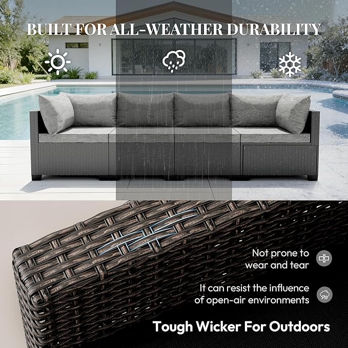 7 Piece Patio Furniture Set, All-Weather Water-Resistant Wicker Rattan Sectional Sofa, Modular Outdoor Conversation Set for Backyard, Garden, Poolside, Balcony