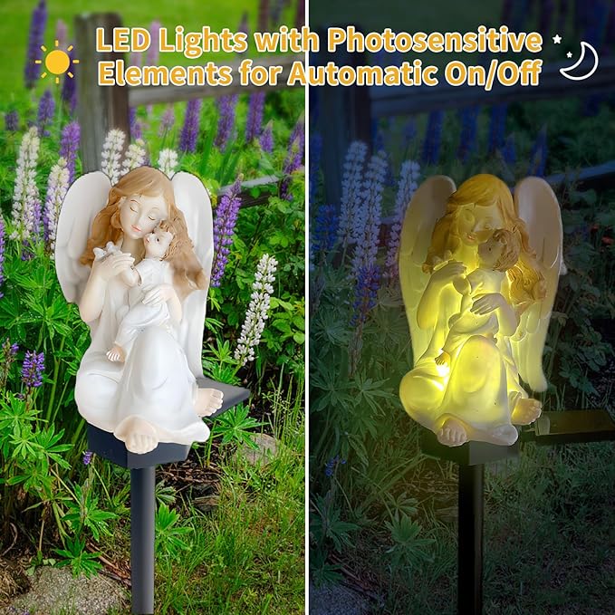 QH & Garden Angel Solar Garden Light - LED Waterproof Virgin Mary Statue Lights,Solar Powered Garden Stake Lights for Balcony, Yard, Lawn, Pathway, Walkway-Angel Statues Grave Decorations