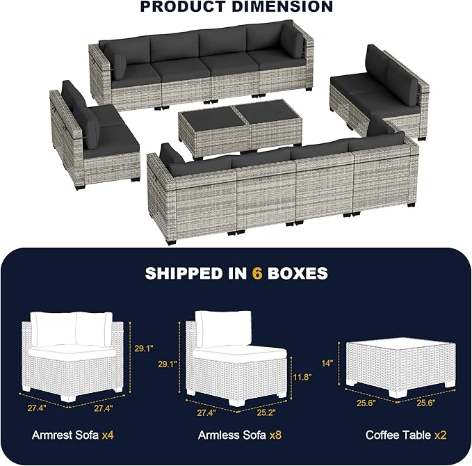 14-Piece Outdoor Patio Furniture Set, PE Wicker Rattan Sectional Sofa Conversation Set with Tempered Glass Table & Thick Cushions - All-Weather Garden, Backyard Furniture, Dark Grey