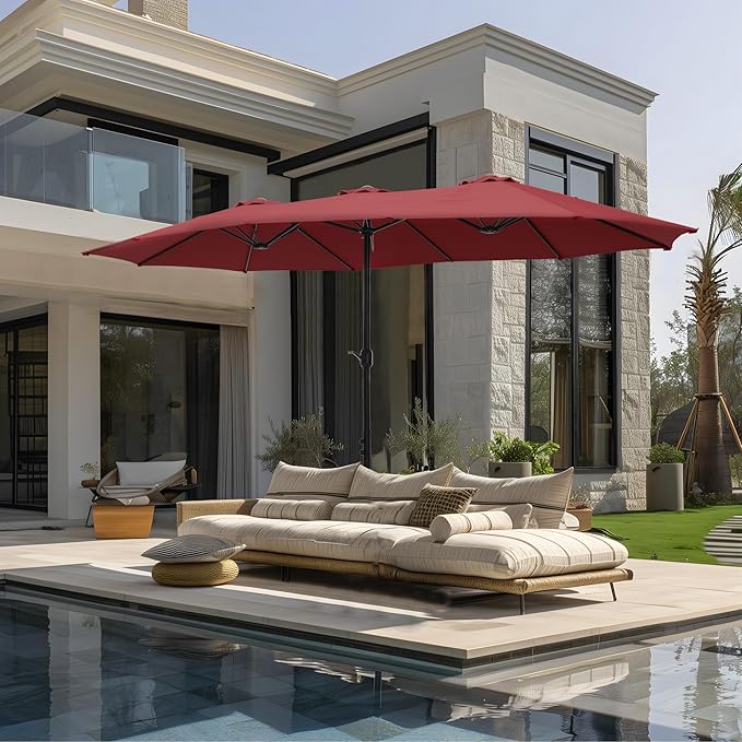 GREEN PARTY 15 ft Rectangular Patio Umbrella with Base Included, Large Double-Sided Outdoor Table Umbrella with Crank, 1.9" Pole UPF 50+ UV Resistant for Pool Deck Backyard Garden, Burgundy Red