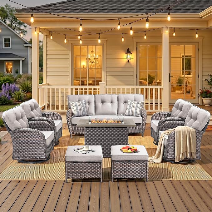 8 PCS Patio Furniture Set with Fire Pit Table, Outdoor Sectional Sofa Couch with Rocking Swivel Chairs 5" Deep Seat Chairs, Modern Wicker Rattan Conversation Set, Beige/Brown Wicker