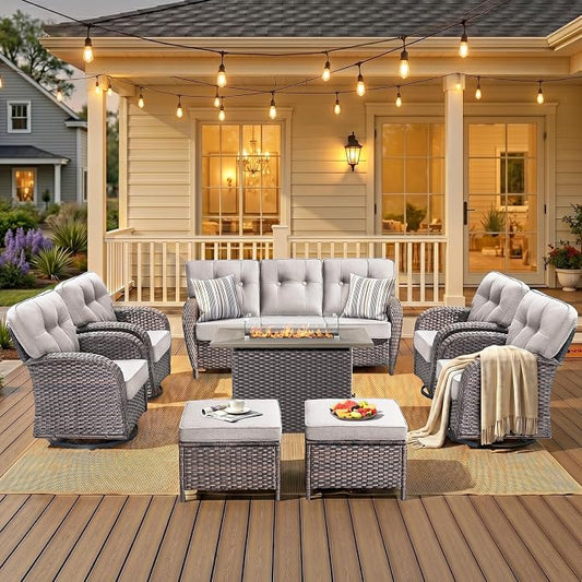 8 PCS Patio Furniture Set with Fire Pit Table, Outdoor Sectional Sofa Couch with Rocking Swivel Chairs 5" Deep Seat Chairs, Modern Wicker Rattan Conversation Set, Beige/Brown Wicker