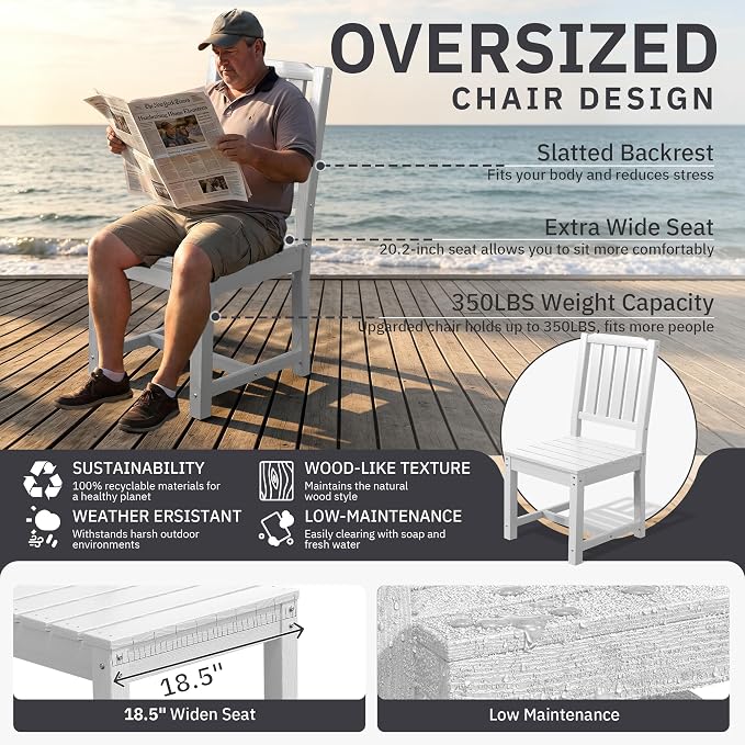 AreShark 5-Piece Outdoor Dining Set,HDPE Patio Table with 4 Armless Chairs,All-Weather Patio Furniture Set with Umbrella Hole,Low Maintenance Wood Grain Dining Set for Backyard,Garden,Poolside,White