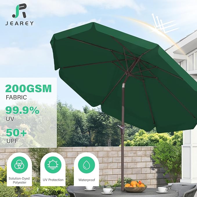 JEAREY 9 FT Patio Umbrella Outdoor, Table Umbrellas Market Umbrella w/Push Button Tilt/Crank, 8 Sturdy Ribs(Dark Green)