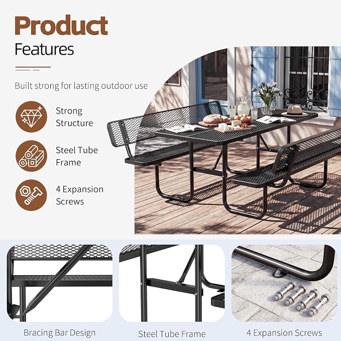 72" Rectangular Metal Picnic Table with Backrest, Commercial Steel Picnic Tables with 1.73" Umbrella Hole, Heavy Duty Picnic Tables for Outdoor Garden Courtyard BBQ, Black