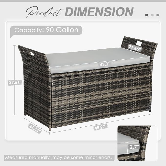 90 Gallon Patio Storage Bench, Outdoor Wicker Deck Box with Cushion, PE Rattan Box with Handles (Grey)