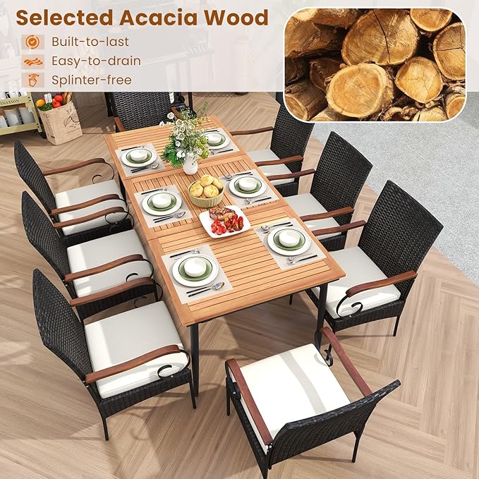 Tangkula 9-Piece Patio Dining Set, 79" Outdoor Dining Table & 8 Rattan-Woven Dining Chairs with Acacia Wood Tabletop, 1.9" Umbrella Hole, Scrollwork Arms, Seat Cushions, for Garden, Porch, Deck