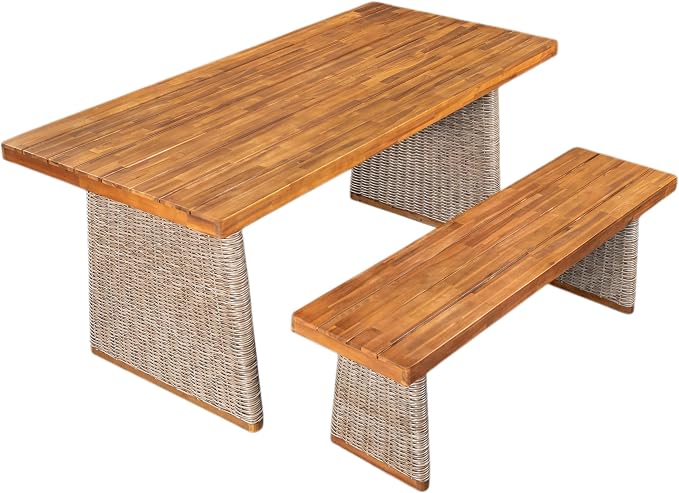 Merax 2-Piece Outdoor Dining Set Acacia Wood, 1 Table + 1 Bench, Slatted Design Tabletop & Woven Rattan Legs, Weather-Resistant Rectangle Patio Dining Set, Brown