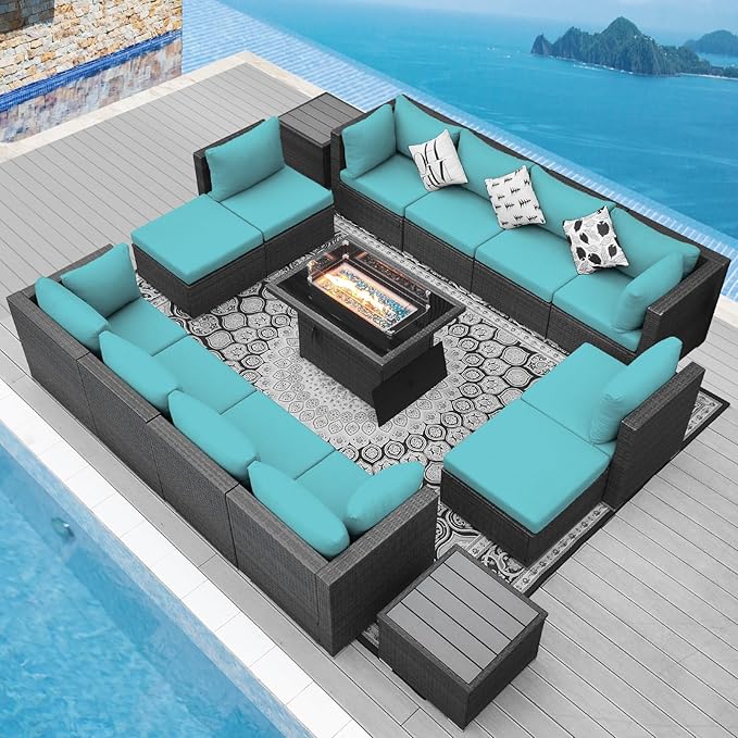 NICESOUL 15 Piece Outdoor Sectional with Fire Pit Table, Modern Luxury Patio Deep Seating w/Firepit, 29.3'' High-Back Wicker Couch Thick, Big High-Weight Capacity Sofa for Terrace, Yard, Gray & Teal