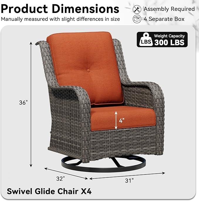 4 Piece Outdoor Swivel Rocker Patio Chairs Set, Patio Chairs Set of 4 with Thickened Olefin Cushions, High Back and Deep Seating, Hand-Woven PE Rattan for Porch, Deck, Orange