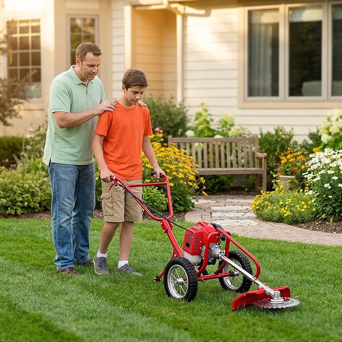 Walk-Behind Brush Cutter, 7000rpm High Speed 2-Stroke Gasoline Powered Hand-Push Lawn Mower with Handles, 49 Cc 1500w 2-in-1 Lawn Mower Machine for Soil Loosening and Mowing (Red)