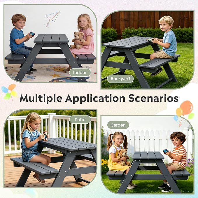 WestinTrends Malibu Outdoor Patio and Indoor Kids HDPE Plastic Picnic Bench Table, Gray