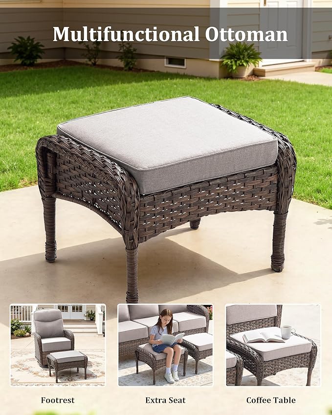 10-Piece Luxury Patio Furniture Set with 6-Inch Thick Cushions, High-Back Outdoor 4 Swivel Rocking Chairs with Wicker Side Table, All-Weather Conversation Set for Porch, Deck, Yard– Beige