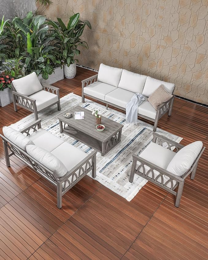 5-Piece Aluminum Outdoor Patio Conversation Set, Outdoor Furniture Sofa Couch Set with Washable Cushions, Rustproof Outdoor Sofa Set Patio Furniture Set for Deck, Poolside, Limed Oak
