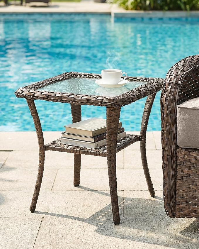 Belord Upgraded 6“ Cushion Luxury 3 Pieces Patio Furniture Set - All Weather Wicker Outdoor Swivel Rocker Patio Chairs of 2 with Side Table, High Back Glider Chairs Set for Deck Porch - Brown/Beige
