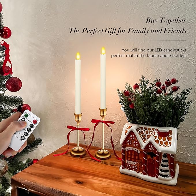 Upgraded Real Wax LED Flameless Taper Candles with Remote, KSWING 6 PCS White Candlesticks Battery Operated 3D Flickering - 9.6" Long Realistic Fake Candle Sticks for Home/Wedding/Fireplace Xmas Decor