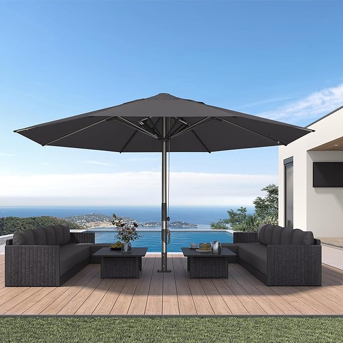 PURPLE LEAF 16 FT Extra Large Commercial Round Patio Umbrella Market Table Sun Heavy-Duty Wind-Resistant Vented Canopy Reinforced Frame Maximum Coverage for Restaurant Hotel Resort Cafe Outdoor Dining Business Use Grey