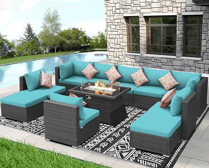 NICESOUL 11 Piece Outdoor Furniture Sets with Natural Gas/Propane Firepit, XXL 10-Seats Patio Sectional, 29.3'' High-Back Backyard Seating, All-Weather Wicker Couch Set for Outside, Deck, Grey & Teal