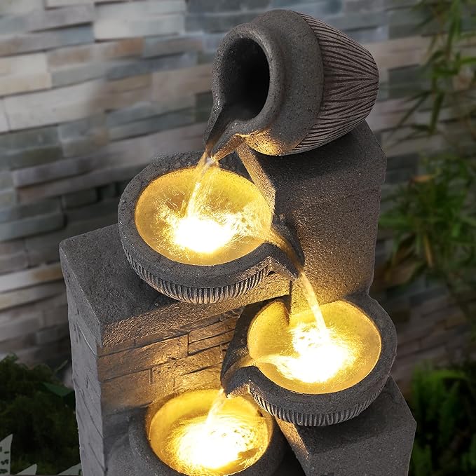 Outdoor Water Fountain, 4 Tiered Waterfall Fountains with LED Lights, Garden Bowl Waterfalls, Modern Cascading Flow Fountain for Garden, Yard, Patio, Home Decor (Grey)