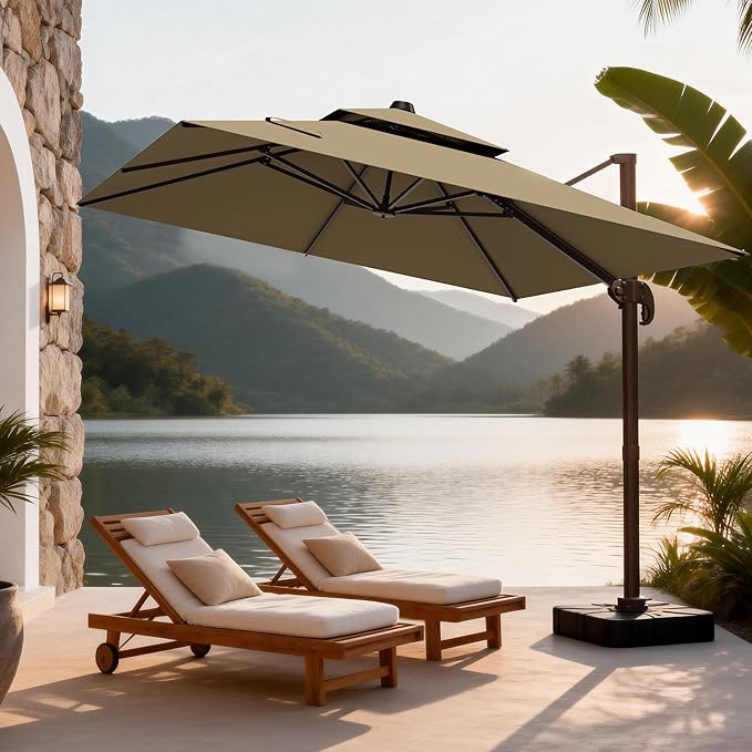 10x10Ft Patio Umbrella Outdoor Cantilever Rectangle Umbrella, 6-Level Tilt & 360° Rotation Offset Umbrella for Garden, Deck, Pool(Brown)