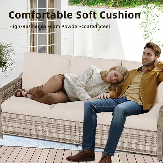 MELLCOM 4 Pieces Outdoor Patio Furniture Set with Swivel Chairs, All Weather Rattan Wicker Patio Conversation Set with 3-Seater Sofa, Coffee Table for Patio, Balcony, Porch, Deck