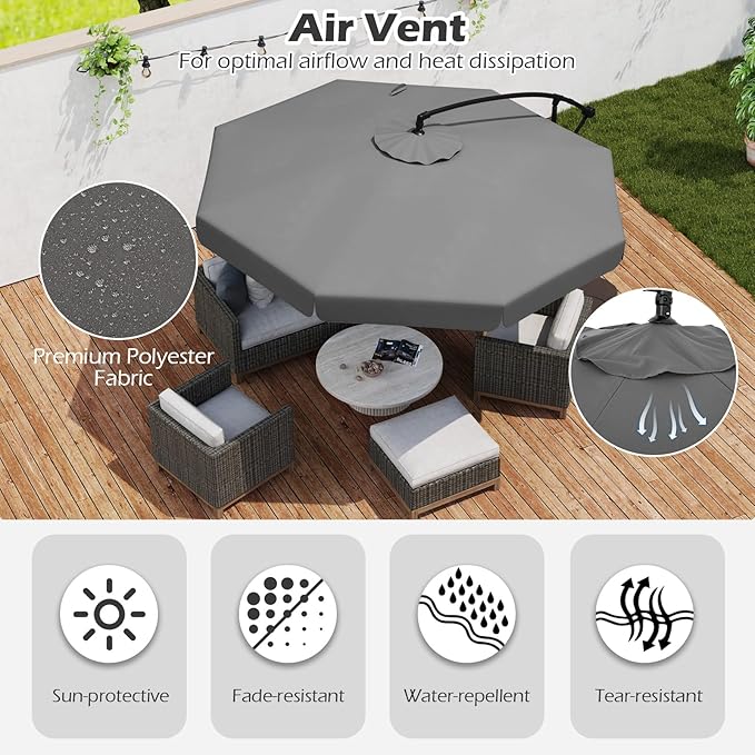 Tangkula 10FT Offset Hanging Umbrella with Cover, Patio Cantilever Umbrella w/ Easy Tilt Adjustment, Crank, Ruffled Edge, 8 Ribs, Sun-Protective Canopy, Heavy-Duty Outdoor Parasol for Pool Garden Deck (Gray)