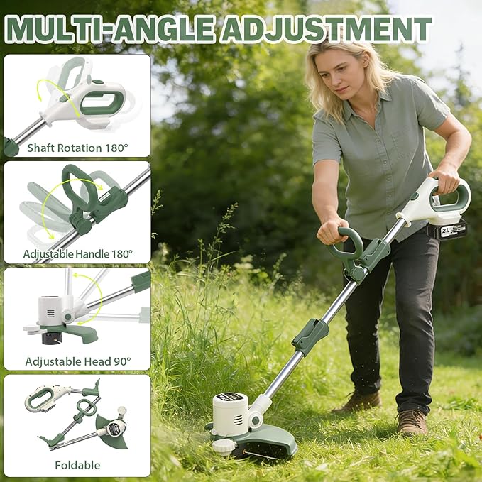 21V 3-in-1 Cordless Weed Eater-Weeding/Trimming/Lawn Mower, with 8 Replace Auto Line Feed, Electric Grass Trimmer for Garden, Lawn, 120 Mins of Non-Stop (2x4.0 mAh Battery Included)