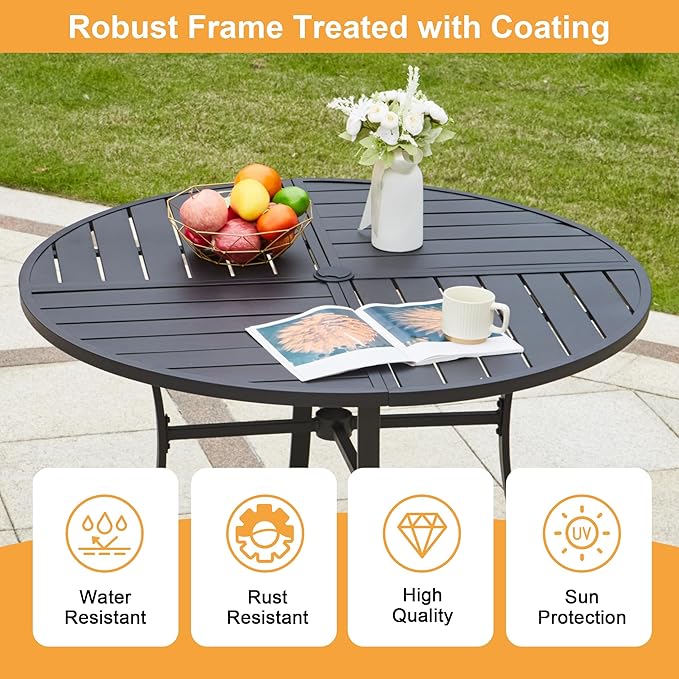 BUPPLEE 5-Piece Round Patio Dining Set with 42" Aluminum Table & 4 Textilene Chairs, Umbrella Hole, Waterproof Outdoor Furniture for Lawn, Deck, Backyard-Blue