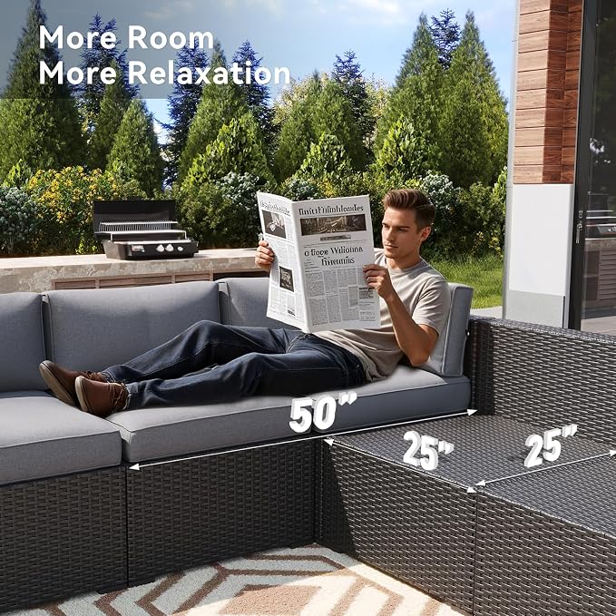 LazySunsets 8 Piece Outdoor Patio Furniture Set with 44'' Fire Pit Table, Outdoor Patio Furniture Set with Thicken Cushion, Wicker Rattan Outdoor Conversation Set for Backyard & Garden, Light Grey