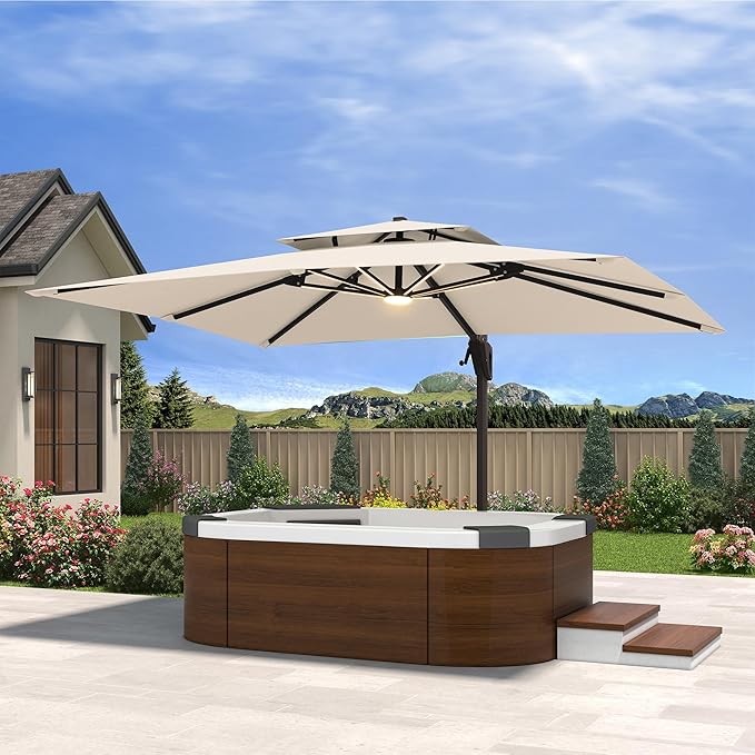10' X 13' Cantilever Patio Umbrella with Base Included and Led Lights Double Top Rectangular Outdoor Large Offset Umbrellas with 7 Tilts Adjustable 360°Rotation for Deck Pool Garden Backyard, Beige
