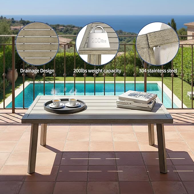 Outdoor Patio Coffee Table, Rectangle Aluminum All-Weather Side Table with Wood-Grain Texture, 200lbs Capacity, Modern Patio Furniture Sets for Garden, Backyard, Porch (Taupe)