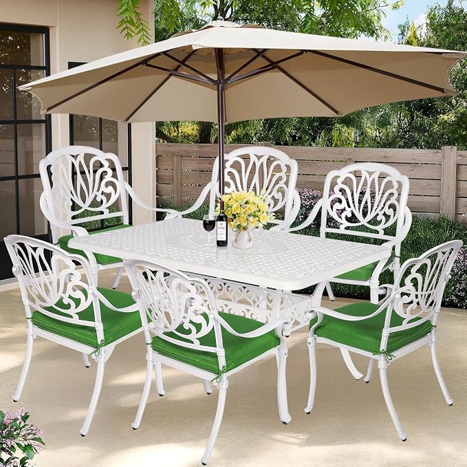 7-Piece Outdoor Patio Dining Set, 60” Rectangular Cast Aluminum Dining Table with Umbrella Hole and 6 Outdoor Dining Cushioned Chairs, Patio Funiture Set for Backyard, Patio, Garden, White