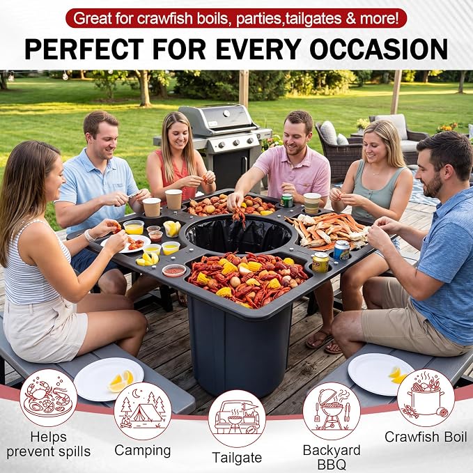 Vercraft 40 x 40 Inch Four-in-one Detachable Seafood Crawfish Event Table Plastic Lobster Boil Table with 4 Large Serving Areas and 8 Beverage Holders for Crawfish Boils, BBQ, Camp, Tailgating, Picnic