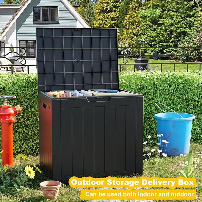 PatioZen 30 Gallon Deck Box,Resin Outdoor Storage Box with Lockable for Patio Furniture, Garden Tools Waterproof Outside Storage Box, Black