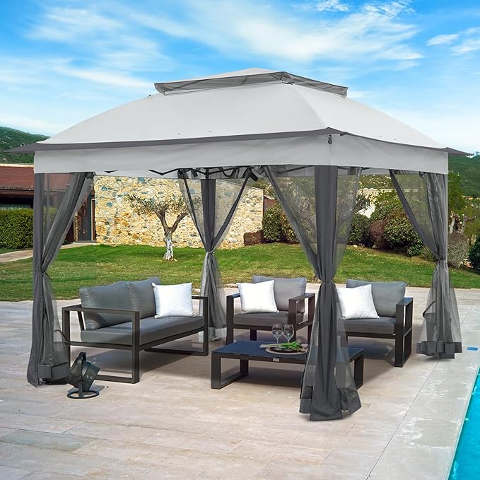 11x11 Pop Up Gazebo Tent with Mesh Netting, Instant Outdoor Canopy with UPF 50+ UV Protection, Water Resistant, Gray