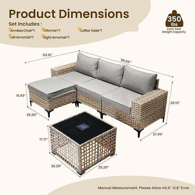 Patio Furniture Set, 5 Pieces Outdoor Wicker Conversation Sets with Coffee Table Outdoor Sectional Sofa for Balcony Backyard Poolside Garden Lawn (Gray)