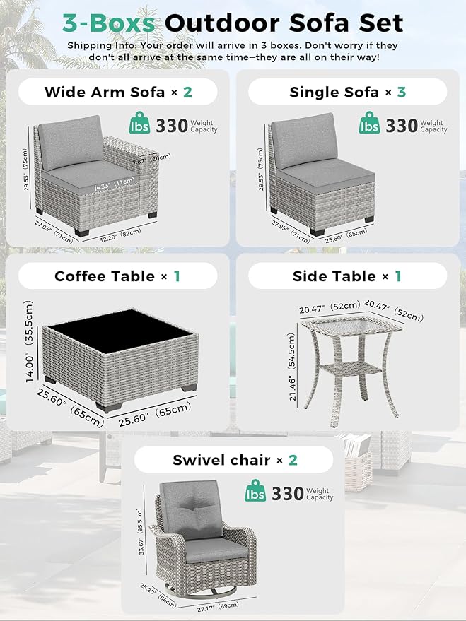9 Piece Outdoor Wicker Rattan Sectional Sofa Set with Swivel Chairs, 7-Seats Conversation Set with 4" Thickened Cushions & Coffee Table, All-Weather PE Rattan for Garden, Backyard, Porch, Grey
