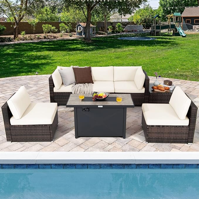 Tangkula 7 Piece Patio Furniture Set with Fire Pit Table, Includes 42 Inches 60,000 BTU Propane Rectangle Fire Pit and Protective Cover, Outdoor Cushioned Sectional Sofa Set for 5 (Off White)