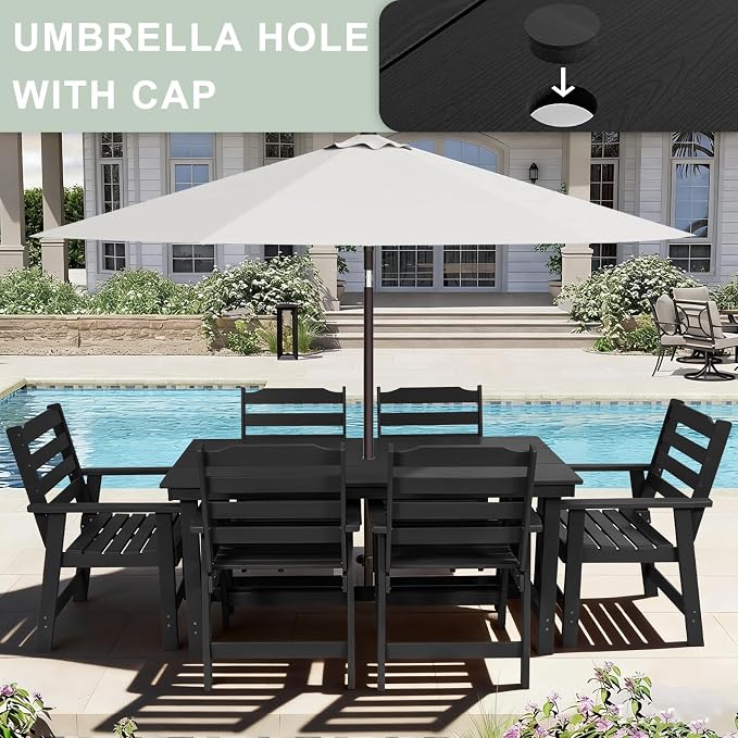 FUNBERRY Outdoor Dining Set, HDPE 5 Piece Dining Table Set with Chairs | 2" Umbrella Hole Table, Wood-Grain, HDPE All Weather, No Rot or Rust or Crack, UV Fade Shield, Easy-Clean for Outside