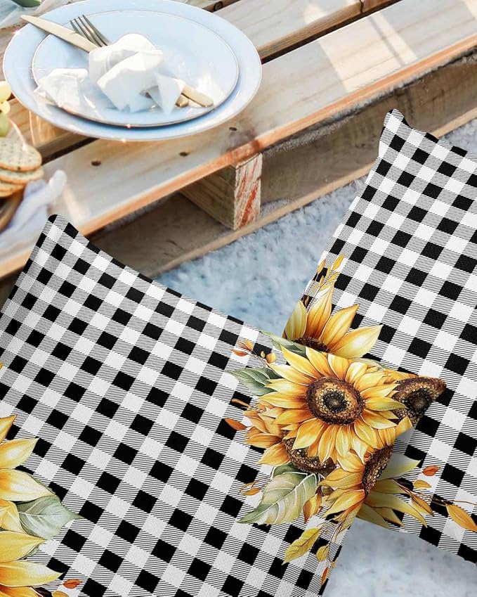 Sunflower Outdoor Waterproof Throw Pillow Covers 16"x16" Set of 2, Buffalo Check Plaid Sunflower Decorative Garden Pillowcase with Zipper Retro Farmhouse Cushion Case for Patio Couch Tent